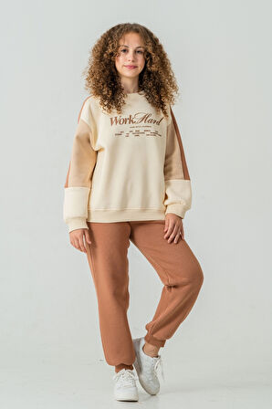 Kız Çocuk Work Hard Baskılı 3 İplik Kalın Kışlık Eşofman Takımı Ak4220