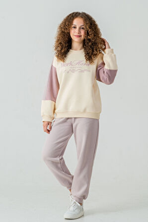 Kız Çocuk Work Hard Baskılı 3 İplik Kalın Kışlık Eşofman Takımı Ak4220