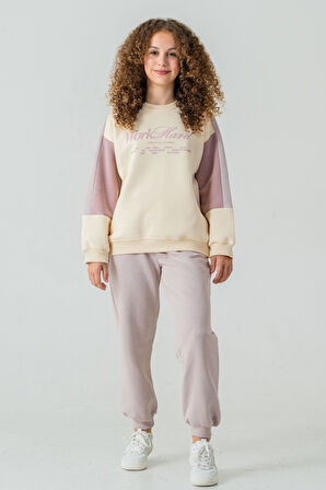 Kız Çocuk Work Hard Baskılı 3 İplik Kalın Kışlık Eşofman Takımı Ak4220