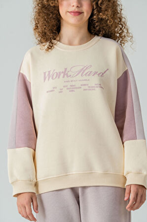 Kız Çocuk Work Hard Baskılı 3 İplik Kalın Kışlık Eşofman Takımı Ak4220