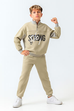 Erkek Çocuk Brooklyn Stay Strong Baskılı 3 İplik Kalın Kışlık Eşofman Takımı Ak4225