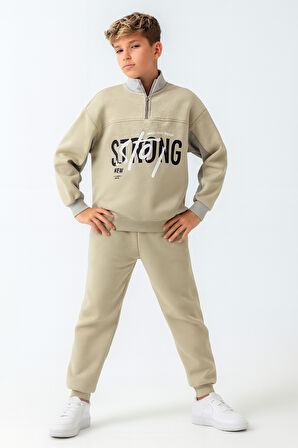 Erkek Çocuk Brooklyn Stay Strong Baskılı 3 İplik Kalın Kışlık Eşofman Takımı Ak4225