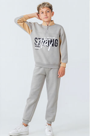 Erkek Çocuk Brooklyn Stay Strong Baskılı 3 İplik Kalın Kışlık Eşofman Takımı Ak4225