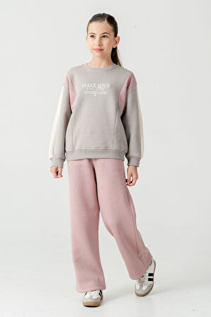 Kız Çocuk Make Your Baskılı 3 İplik Kalın Kışlık Eşofman Takımı Ak4227