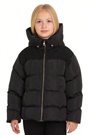 Kız Çocuk Siyah Kapüşonlu Fermuarlı Şişme Mont Ak4251