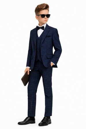 Erkek Çocuk Slim Fit Dokulu Çizgili Klasik Takım Elbise Ak197-198