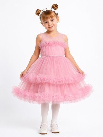 Kız Çocuk Pembe Tüllü Kat Kat Elbise Prenses Model Abiye Ak432