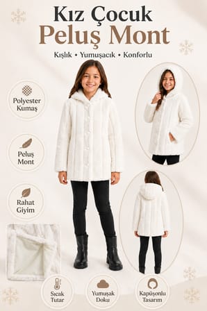 Kız Çocuk Kışlık Kapüşonlu Düğmeli Astarlı Dikey Çizgili Peluş Mont Ak4510