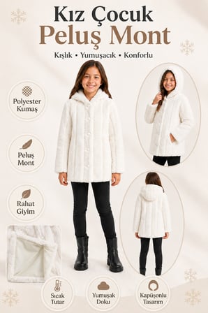 Kız Çocuk Kışlık Kapüşonlu Düğmeli Astarlı Dikey Çizgili Peluş Mont Ak4510