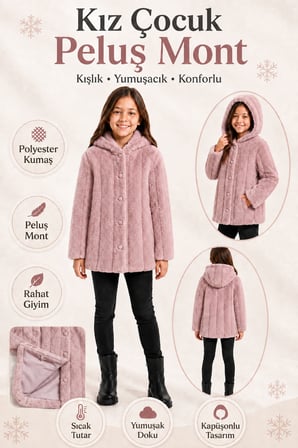 Kız Çocuk Kışlık Kapüşonlu Düğmeli Astarlı Dikey Çizgili Peluş Mont Ak4510