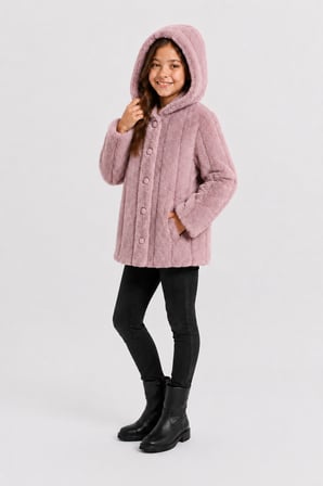 Kız Çocuk Kışlık Kapüşonlu Düğmeli Astarlı Dikey Çizgili Peluş Mont Ak4510