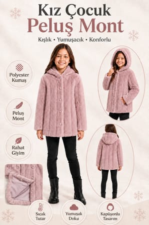 Kız Çocuk Kışlık Kapüşonlu Düğmeli Astarlı Dikey Çizgili Peluş Mont Ak4510