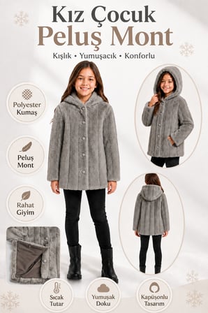 Kız Çocuk Kışlık Kapüşonlu Düğmeli Astarlı Dikey Çizgili Peluş Mont Ak4510
