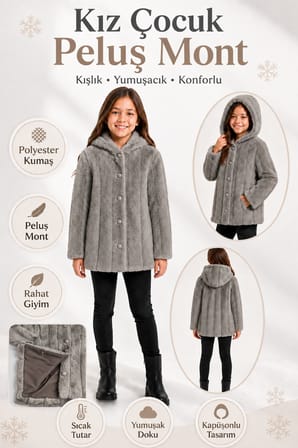 Kız Çocuk Kışlık Kapüşonlu Düğmeli Astarlı Dikey Çizgili Peluş Mont Ak4510