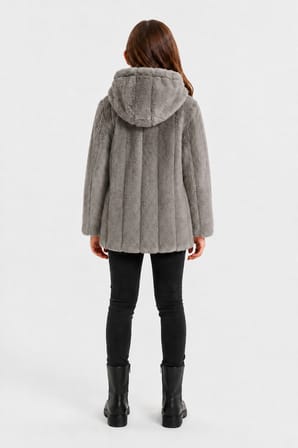 Kız Çocuk Kışlık Kapüşonlu Düğmeli Astarlı Dikey Çizgili Peluş Mont Ak4510
