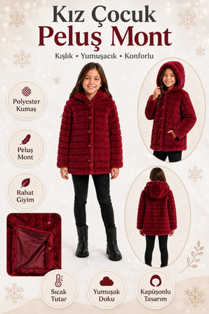Kız Çocuk Kışlık Kapüşonlu Düğmeli Astarlı Yatay Çizgili Peluş Mont Ak4518