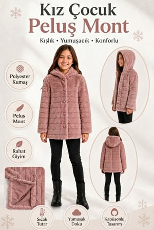 Kız Çocuk Kışlık Kapüşonlu Düğmeli Astarlı Yatay Çizgili Peluş Mont Ak4518