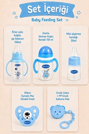 BabyTime 5 li Bebek Beslenme Seti Mavi 0+ Ay – 150 ml PP Biberon, Alıştırma Bardağı, Emzik ve Askısı Ak206