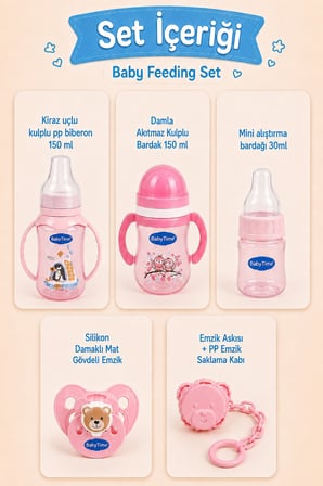 BabyTime 5 li Bebek Beslenme Seti Pembe 0+ Ay – 150 ml PP Biberon,Alıştırma Bardağı,Emzik ve Askısı Ak206