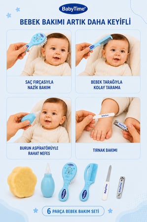 BabyTime 6 lı Bebek Bakım Seti Mavi–Burun Aspiratörü,Tarak,Fırça,Tırnak Makası ve Törpü Ak512