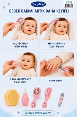 BabyTime 6 lı Bebek Bakım Seti Pembe–Burun Aspiratörü,Tarak,Fırça,Tırnak Makası ve Törpü Ak512