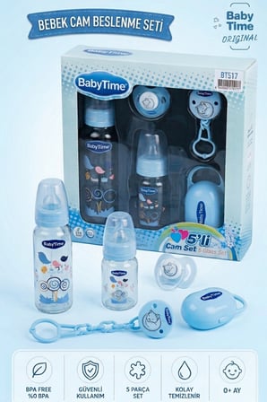 BabyTime 5 Parça Cam Biberon Beslenme Seti 250 ml 125 ml Damaklı Emzik Askı Saklama Kabı Mavi Ak517