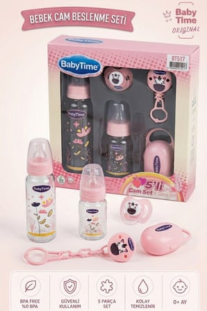 BabyTime 5 Parça Cam Biberon Beslenme Seti 250 ml 125 ml Damaklı Emzik Askı Saklama Kabı Pembe Ak517