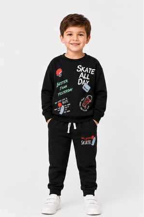 Erkek Çocuk Kaykay Baskılı Sweatshirt Eşofman Altı 2’li Takım 1-4 Yaş Ak115