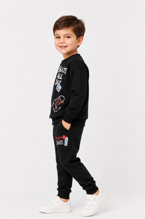 Erkek Çocuk Kaykay Baskılı Sweatshirt Eşofman Altı 2’li Takım 1-4 Yaş Ak115