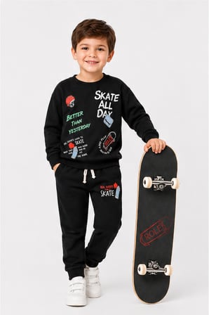 Erkek Çocuk Kaykay Baskılı Sweatshirt Eşofman Altı 2’li Takım 1-4 Yaş Ak115