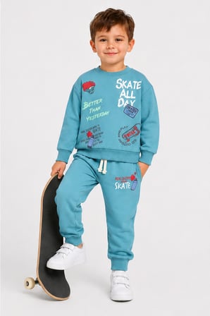 Erkek Çocuk Kaykay Baskılı Sweatshirt Eşofman Altı 2’li Takım 1-4 Yaş Ak115