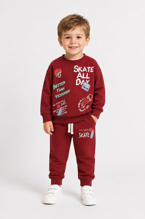 Erkek Çocuk Kaykay Baskılı Sweatshirt Eşofman Altı 2’li Takım 1-4 Yaş Ak115