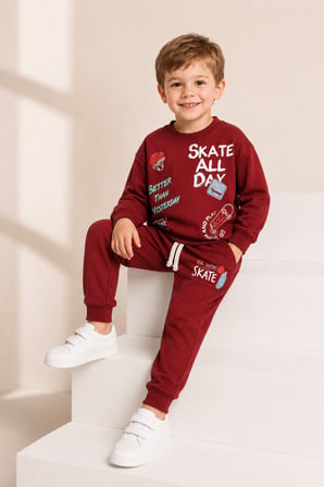 Erkek Çocuk Kaykay Baskılı Sweatshirt Eşofman Altı 2’li Takım 1-4 Yaş Ak115