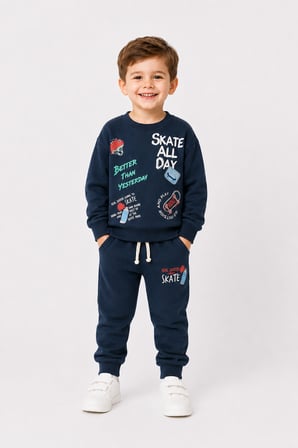 Erkek Çocuk Kaykay Baskılı Sweatshirt Eşofman Altı 2’li Takım 1-4 Yaş Ak115
