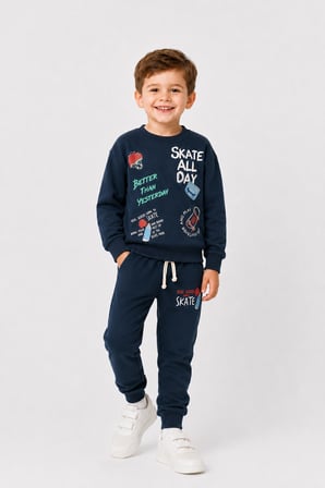Erkek Çocuk Kaykay Baskılı Sweatshirt Eşofman Altı 2’li Takım 1-4 Yaş Ak115
