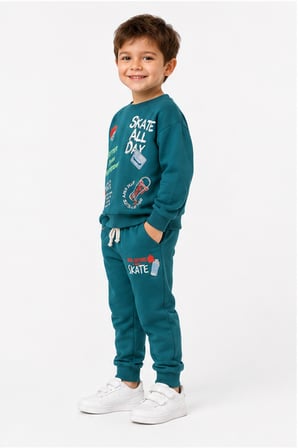 Erkek Çocuk Kaykay Baskılı Sweatshirt Eşofman Altı 2’li Takım 1-4 Yaş Ak115