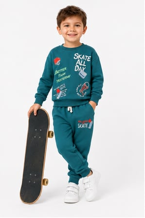 Erkek Çocuk Kaykay Baskılı Sweatshirt Eşofman Altı 2’li Takım 1-4 Yaş Ak115