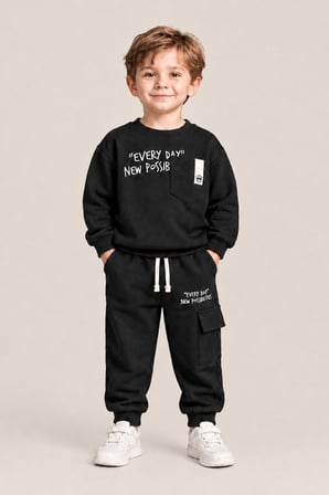 Erkek Çocuk Pamuklu Baskılı 2’li Takım Sweatshirt Eşofman Altı 1-4 Yaş Ak122