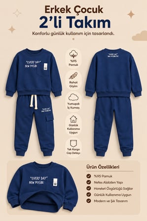 Erkek Çocuk Pamuklu Baskılı 2’li Takım Sweatshirt Eşofman Altı 1-4 Yaş Ak122