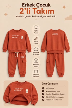Erkek Çocuk Pamuklu Baskılı 2’li Takım Sweatshirt Eşofman Altı 1-4 Yaş Ak122