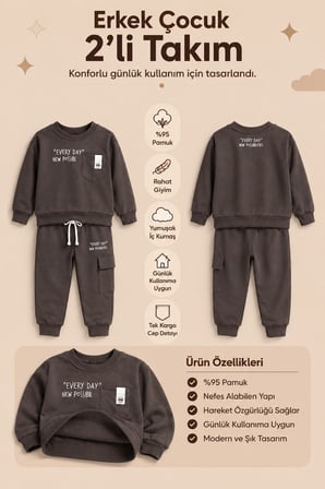 Erkek Çocuk Pamuklu Baskılı 2’li Takım Sweatshirt Eşofman Altı 1-4 Yaş Ak122