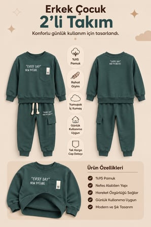 Erkek Çocuk Pamuklu Baskılı 2’li Takım Sweatshirt Eşofman Altı 1-4 Yaş Ak122