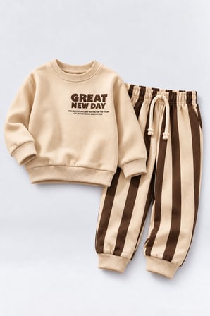 Erkek Çocuk Great New Day Baskılı Sweatshirt ve Çizgili Eşofman Altı 2’li Takım Ak124