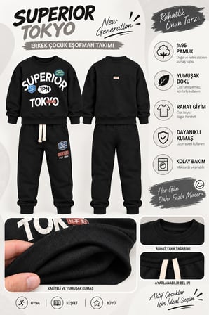 Erkek Çocuk Superior Tokyo Baskılı 2 li Eşofman Takımı Günlük Pamuklu Alt Üst Set Ak116