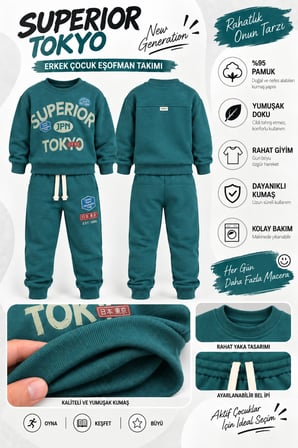 Erkek Çocuk Superior Tokyo Baskılı 2 li Eşofman Takımı Günlük Pamuklu Alt Üst Set Ak116