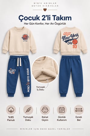 Erkek Çocuk Basketbol Baskılı 2’li Eşofman Takımı Sweatshirt ve Alt Takım Çok Renkli Ak118