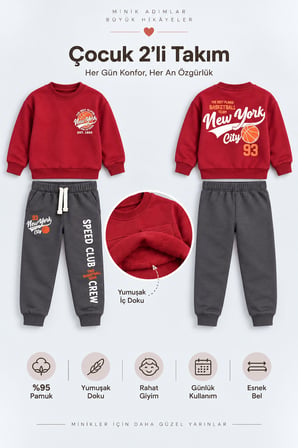 Erkek Çocuk Basketbol Baskılı 2’li Eşofman Takımı Sweatshirt ve Alt Takım Çok Renkli Ak118