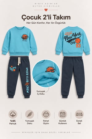 Erkek Çocuk Basketbol Baskılı 2’li Eşofman Takımı Sweatshirt ve Alt Takım Çok Renkli Ak118
