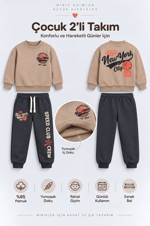 Erkek Çocuk Basketbol Baskılı 2’li Eşofman Takımı Sweatshirt ve Alt Takım Çok Renkli Ak118