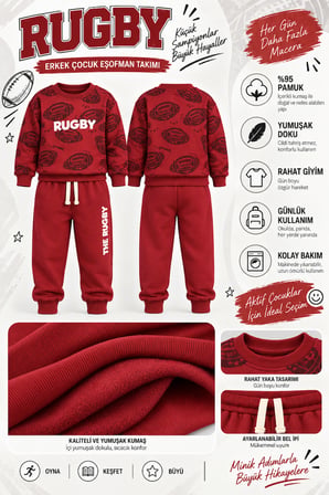 Erkek Çocuk Rugby Topu Baskılı Pamuklu Sweatshirt ve Pantolon Eşofman Takımı Ak119